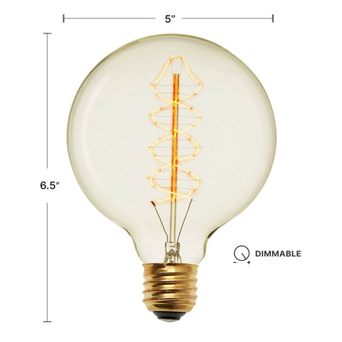 Set Of 2 40W Edison Globe Bulbs With Spiral Filament, G40 Large Vintage Vibe, E26 Base, Fully Dimmable Warm White Incandescent Lighting