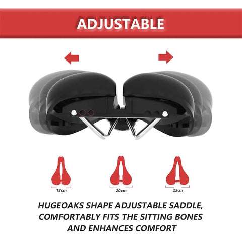 Width Adjustable Bike Seat for Comfort and Prostate Friendly Rides, showing three width settings 7.08, 7.87, 8.66 in sizes.