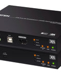 Rock Solid Fiber Optic KVM Extender Handles DisplayPort And HDMI For Flat Out True 4K Video Plus Complete Mouse Keyboard Control Up To Three Hundred Meters With Zero Sweat Setup black unit displays USB and audio ports.