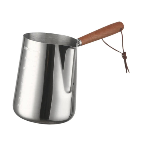 Turkish Warmer Coffee Pot Frothing Pitcher 1000ml Stainless Steel Milk Warmer Teapot with wooden handle for latte art.