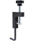 Table Saw Fence Clamp Set Of 2 For Universal Auxiliary Fence, Built Tough Heavy Duty Steel, Low Profile Design, Fits Clamp Range Two And A Half To Five And A Half Inches, Pins Use Three Eighths Inch Holes, Durable Shop Tools Accessory, black steel clamp with threaded screw and L-handle