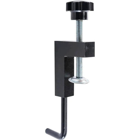 Table Saw Fence Clamp Set Of 2 For Universal Auxiliary Fence, Built Tough Heavy Duty Steel, Low Profile Design, Fits Clamp Range Two And A Half To Five And A Half Inches, Pins Use Three Eighths Inch Holes, Durable Shop Tools Accessory, black steel clamp with threaded screw and L-handle