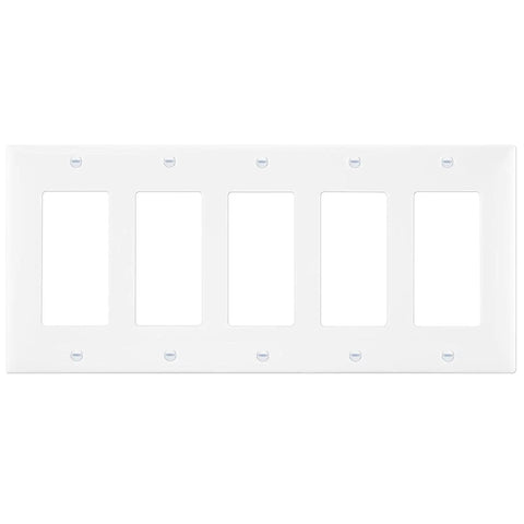 Front view of a white Decorator Light Switch And Receptacle Wall Plate Gloss Finish 5 Gang 4.50 By 10.03 Inches, UL94 V2 fire rated.