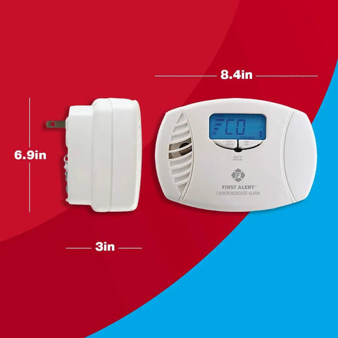 Dual Power Plug In Carbon Monoxide Detector With Battery Backup And Digital Display showing dimensions for home safety