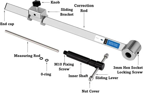 Derailleur Hanger Alignment Tool For 20 To 29 Inch Wheels with labeled parts, stainless steel gauge, and components for bike repair.