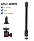Package contents of Extendable Camera Desk Mount With Ball Head 17 To 40 Inch Telescopic Table Light Stand shown
