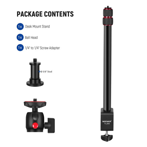 Package contents of Extendable Camera Desk Mount With Ball Head 17 To 40 Inch Telescopic Table Light Stand shown