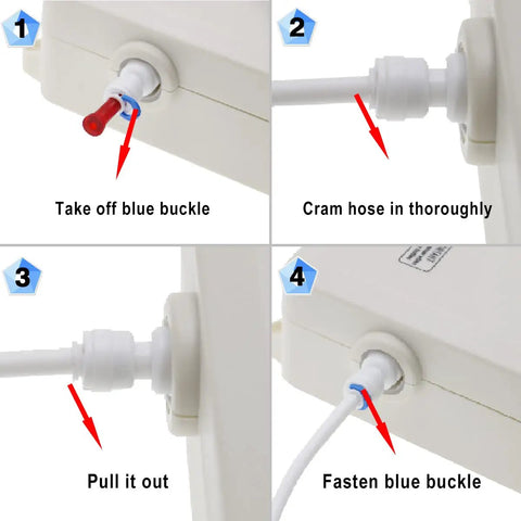 Installation steps for High Flow Bottled Water Dispenser Pump System With Dual Inlet For 5 Gallon Jugs, showing hose connection.