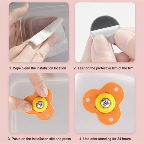 Instructions for Tough As Nails Furniture Casters Four Pack featuring 360 swivel stainless steel rollers, self-adhesive installation steps.
