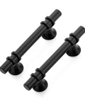 Two matte black cabinet pulls with round base, 5 inch length, 3 inch hole center, for kitchen cabinets and drawers, easy install.