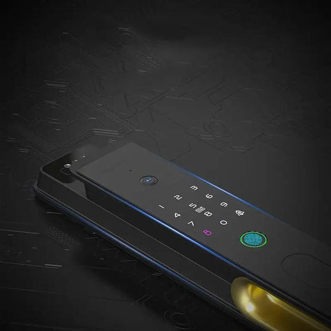 Close-up view of Slick Waterproof Smart Door Lock With True 3D Anti Spoof Fingerprint, featuring a keypad and fingerprint scanner.