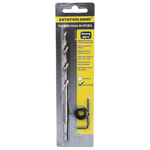 One Quarter Inch Hex Shank Pocket Hole Drill Bit With Depth Stop Collar For Manual Pocket Hole Jig System Woodworking Tools Accessories Replacement Twist Step Drill Bit Made Of High Speed Steel Built For DIYers Drilling Hard Or Soft Wood in packaging.