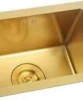 Top view of a Stainless Steel RV Kitchen Sink 15x10 Inch Single Bowl Rectangular Undermount Or Drop In Brushed with golden finish.