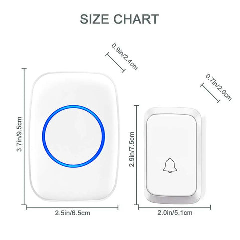 Size chart for Long Range Wireless Doorbell Kit With One Button And Two Plug In Receivers, showing dimensions in inches and cm.