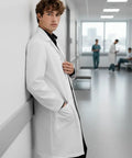 Man wearing Unisex Lab Coat With A Roomy Workwear Cut That Fits Over Clothes Perfect For Men And Women Size M in lab setting.