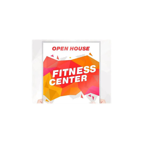 Open House Fitness Center sign with bold orange and pink geometric design held by hands