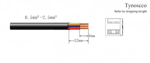 Diagram of IP68 Outdoor Junction Box Waterproof Connector wire size 0.5-2.5mm² with stripping length details