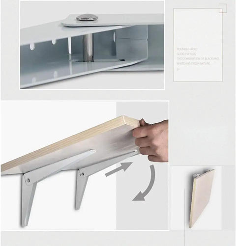 Hella Sturdy Wall Mount Shelf Brackets, Heavy Duty Corner Supports, Foldable L Shape Braces showing metal fasteners and wood panel attachment.