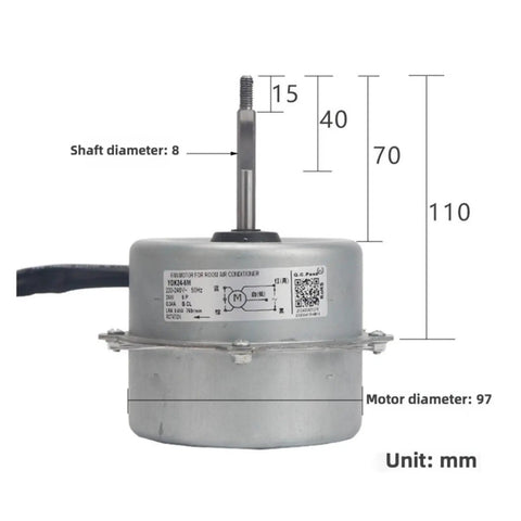 Outdoor AC Fan Motor Replacement For Midea Units showing specifications, industrial grade motor for air conditioners