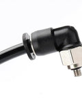 Close-up of Compact L Shaped Pneumatic Elbow Fitting For Micro Systems with M3 to M6 threads and 3 to 6 mm tubing, 90 degree angle.