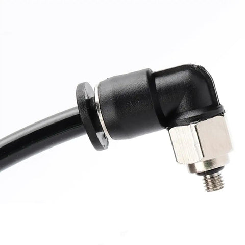 Close-up of Compact L Shaped Pneumatic Elbow Fitting For Micro Systems with M3 to M6 threads and 3 to 6 mm tubing, 90 degree angle.