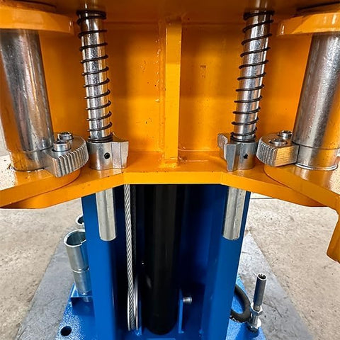 Front view of ME-LM110S two-post car lift with yellow arms and blue base.