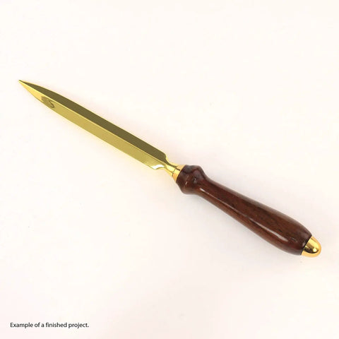 Premium Gold Woodturning Jig Set For Crafting Letter Openers Six Pack Bushing Template Guide showing completed gold letter opener.