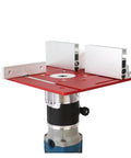 Heavy Duty Aluminum Router Table Insert Plate With Center Lock Bushing And Quick Swap Miter Track mounted on a router.
