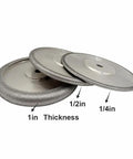 Pro CBN Grinding Wheel For Sharpening Bread Knife Serrations With Steel Adapter Arbor Reliable Rotary Tool showing 1/2in and 1/4in thickness discs.