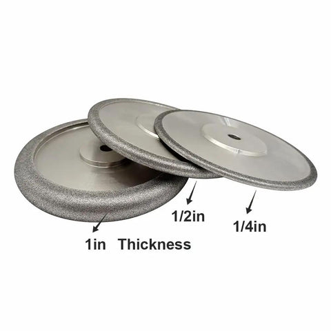 Pro CBN Grinding Wheel For Sharpening Bread Knife Serrations With Steel Adapter Arbor Reliable Rotary Tool showing 1/2in and 1/4in thickness discs.