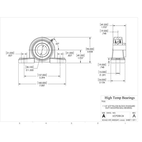 Technical drawing of 1-1/2 Inch Set Screw Mounted Pillow Block Bearing Pack Of 2 With 52100 Alloy Steel ABEC-1 Bearings.