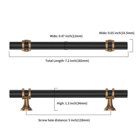 10 Pack Heavy Duty Cabinet Pulls Featuring A Knockout Champagne Bronze And Matte Black Finish With Five Inch Center Spacing For Easy Drawer Swaps And Dead Simple Installation dimensions showing length and hole spacing