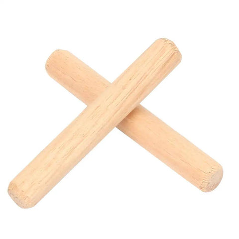 Two Beefy Beech Wood Dowel Pins 6mm Round Fluted Dowels crossed, showing chamfered ends for easy insertion and strong wood joints.