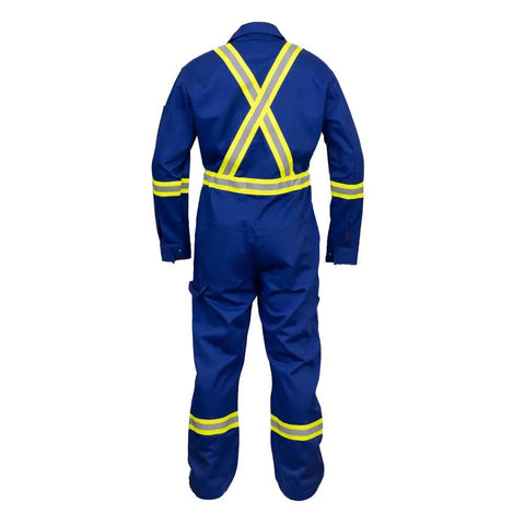 Back view of Flame Resistant High Visibility Hi Vis Coverall In Royal Blue, 88 Percent Cotton And 12 Percent Nylon Twill, 7 Oz, Size Large.