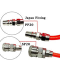 Close-up of connectors for Seamless Install PU Air Compressor Hose Tube Flexible Spiral Pneumatic Tubing Orange Heavy Duty.