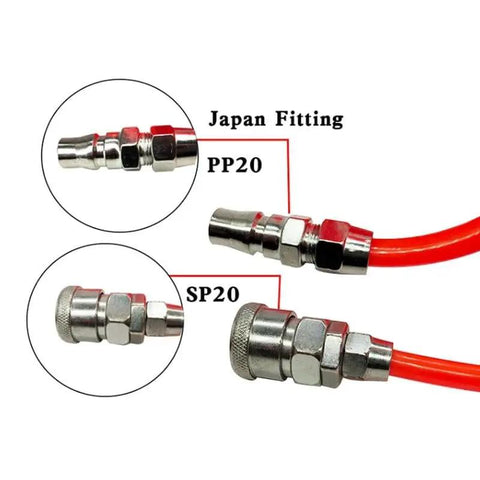 Close-up of connectors for Seamless Install PU Air Compressor Hose Tube Flexible Spiral Pneumatic Tubing Orange Heavy Duty.