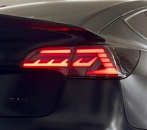 Knight Rider Led Tail Light Upgrade Kit For Model 3 And Model Y Plug And Play Rear Lamps In Flame Design showing crisp glow.