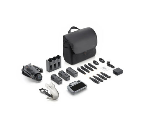 Mavic 4 Pro Drone Fly More Kit With RC 2 Controller, batteries, propellers, and camera, displayed with carrying bag.