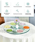 Large 36 Inch Tempered Glass Lazy Susan Turntable With Silent Smooth 360 Rotation Heat Resistant Serving Tray for colorful ingredients on a table.