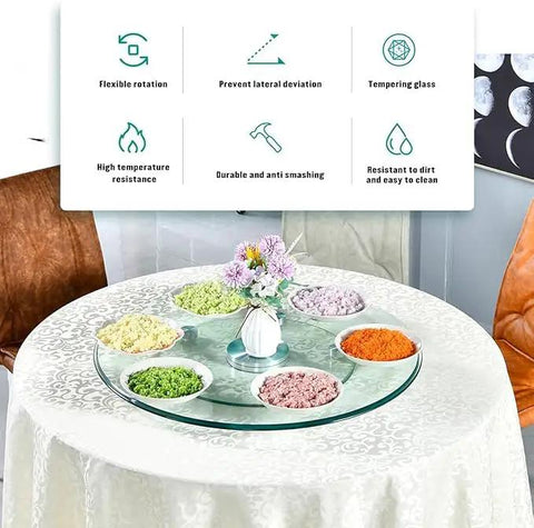 Heavy Duty Tempered Glass Lazy Susan Rotating Serving Plate With Hella Smooth Aluminum Bearing Swivel Base Built Damn Tough For Kitchen Countertops Banquet Tables And House Parties showcasing colorful ingredients on table.