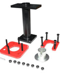 Front view: DPTOOL rear axle bearing puller kit with red aluminum adapters, black post, silver 40mm bearing driver