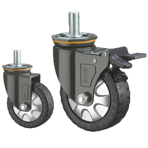 Rugged Four Wheel Castors With 360 Degree Swivel And Brakes 1000 Kg Load Capacity 125 Mm Wheel Industrial Equipment Transport Floor Safe Rubber Wheels With Non Slip Grooves Ideal For Furniture And Machinery. black braked swivel caster wheels with threaded stem