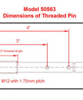 Diagram showing dimensions of Heavy Duty Threaded Hitch Locking Pin For 50025 Bike Rack.