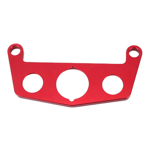 Upgrade Your Rig With This Dope Key Switch And Indicator Light Mount For 450R ATV Made From Stylish Red Aluminum Ensuring A Tight Fit And Secure Attachment Without Compromise On Performance Or Style For Your Badass Off Road Machine red aluminum bracket with three cutouts and two clamp holes