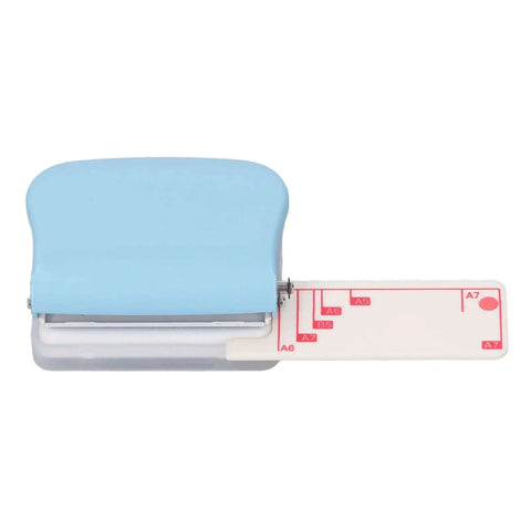 Blue Three Hole Paper Punch Handheld For Office And School, 5 Sheet Capacity, 5.5mm Holes At 19mm Spacing, Metal Body With Scrap Collector