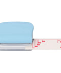 Three Hole Paper Punch Handheld Puncher For Binders Easy Everyday Office Tool with alignment guide shown in blue and white.