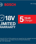 Warranty card for 18V Fast Battery Charger For Core18V 8Ah And 4Ah Batteries, displaying 5-year warranty details.