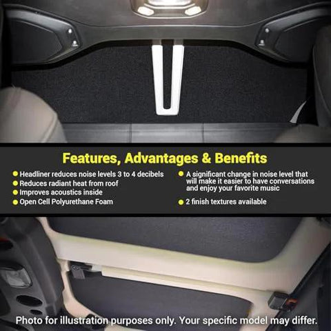 Design Engineering Boom Mat black sound-deadening headliner for 4-Door Jeep Wrangler JL 2018+; peel-and-stick upgrade.