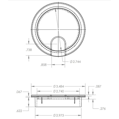 Technical diagram of Black 3 Inch Cut Hole Round Wire Management Grommet With Removable Lid, inner diameter 2.77 inches, rigid PVC material.