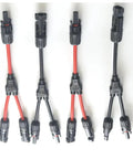 MC4 Y Branch Connectors Kit 30 Amp Parallel PV Plug For Two Panels, male to female and female to male, shown on white background